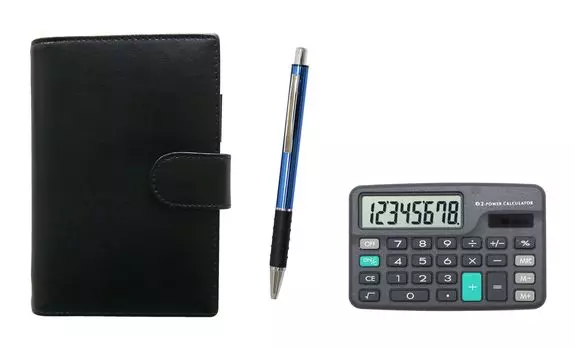 B7 cowhide mini system notebook with mini and blue metal and pitch grip ballpoint pen set Eco-friendly calculator, black, (T23-D-LS002B-WZ2067BP-L) синий