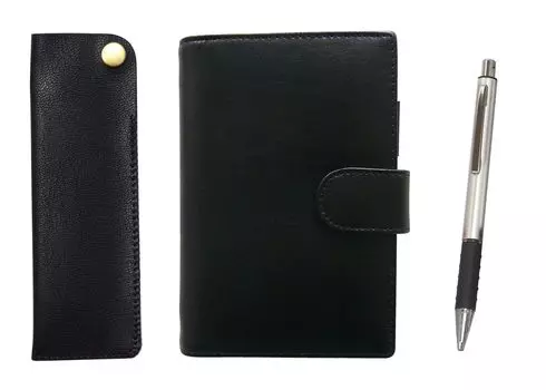 B7 cowhide mini system organizer with black pen case and silver metal and pitch grip ballpoint pen Eco-friendly snap-closure (Product Code