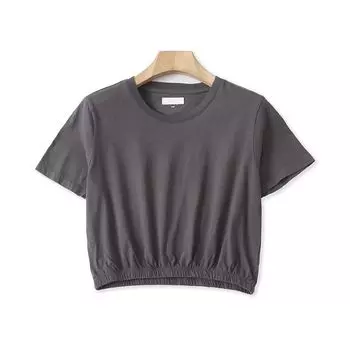 B/4 Summer New Arrival Foreign Trade Women s Clothing Youth Fashion Loose Leisure All-Matching round Neck Pullover Short Sleeve Washed Cotton T-shirt Dark gray XS