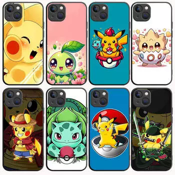B-83 Милый черный чехол Pokemon для Redmi 10A 10C 12C 13C 9A 9C 9T A3X Note 10 9 9S 10S iPhone 11 12 13 14 15 16 X XS Pro Max Mini 7 8 Plus XR Redmi 12 кожа буйвола