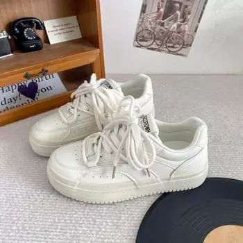 B-9061 pairs of shoelaces/niche design white shoes women s 2024 new leather flat-bottomed versatile board shoes casual shoes 35 коричневый