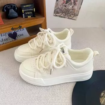 B-9193 белые туфли на толстой подошве женские 2024 новые универсальные кожаные туфли на плоской подошве со шнуровкой повседневные туфли для серфинга 35 бежевый