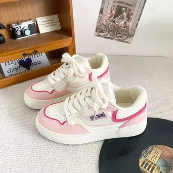 B-9280 latex insole platform white shoes women s 2024 new board shoes leather lace-up ins trendy bread shoes 35 розовый