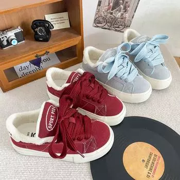 B-9283MX fleece thickened bread shoes women s shoes winter warm 2024 new versatile round head board shoes cotton shoes 35 красный