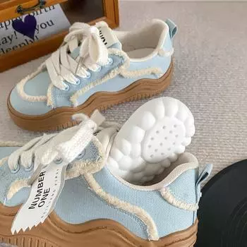 B-9386 latex insole/thick-soled wavy-soled canvas shoes women s shoes 2024 new autumn board shoes little white shoes 35 чёрный