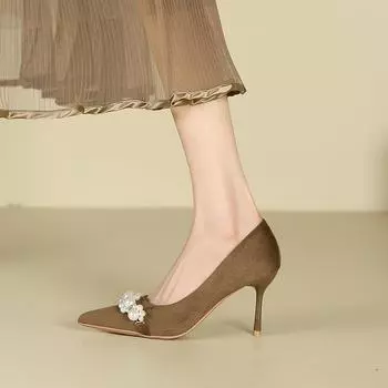 B French pointed high heels women s thin heels pearl single shoes temperament celebrity solid color super high heel suede 34 чёрный