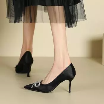 B сексуальные замшевые туфли со стразами и бантом женские зимние новые заостренные туфли на шпильке на высоком каблуке 34 чёрный