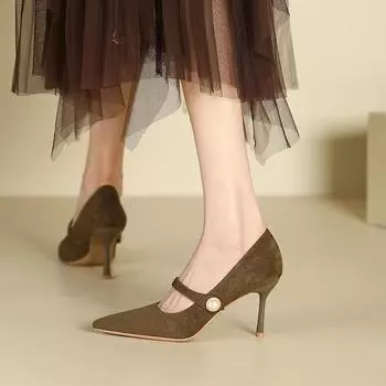 B sexy pointed thin heel high heels women s winter new one-word suede pearl high heel single shoes women 35 чёрный