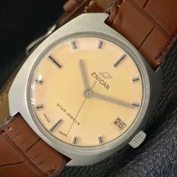 Б/У АНТИКВАРНЫЕ ШВЕЙЦАРСКИЕ МУЖСКИЕ ЧАСЫ ENICAR STAR JEWELS С ПОДЗАВОДОМ, БЕЖЕВЫЙ ЦИФЕРБЛАТ a430110-2 R101-a430110