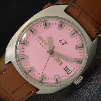 Б/У автоматические мужские часы ENICAR SWISS 167 с розовым циферблатом и функцией DAY&DATE a433047-2 R114-a433047
