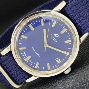 Б/у часы ENICAR STAR JEWELS 167 SWISS MENS DATE BLUE DIAL WATCH a432170-2 R110-a432170