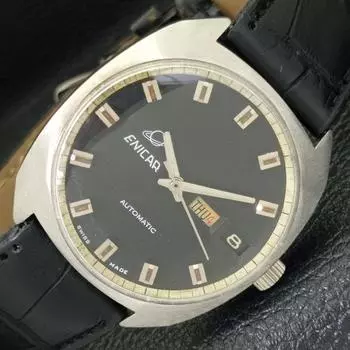 Б/У ENICAR AUTOMATIC 1147 ШВЕЙЦАРСКИЕ МУЖСКИЕ ЧАСЫ DAY&DATE С ЧЕРНЫМ ЦИФЕРБЛАТОМ a430113-2 R101-a430113