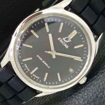 Б/у ENICAR AUTOMATIC STAR JEWELS 1145 ШВЕЙЦАРСКИЕ МУЖСКИЕ ЧАСЫ С ЧЕРНЫМ ЦИФЕРБЛАТОМ a432169-2 R110-a432169