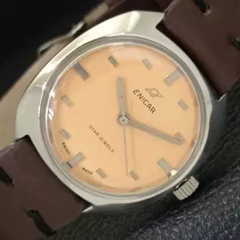 Б/У ENICAR STAR JEWELS 1140 ШВЕЙЦАРСКИЕ МУЖСКИЕ ЧАСЫ С ПОДЗАВОДОМ, БЕЖЕВЫЙ ЦИФЕРБЛАТ a432166-2 R110-a432166