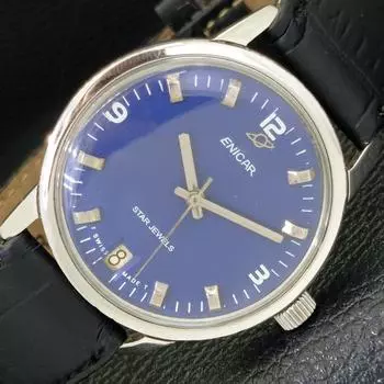 Б/у ENICAR STAR JEWELS 1141 WINDING SWISS MENS DATE BLUE DIAL WATCH a433026-2 R114-a433026