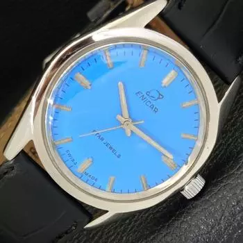 Б/у ENICAR STAR JEWELS ручные швейцарские мужские часы с небесно-голубым циферблатом a433022-2 R114-a433022