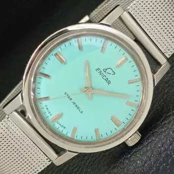 Б/у ENICAR STAR JEWELS швейцарские мужские часы с заводом бирюзовый синий циферблат a433024-2 R114-a433024