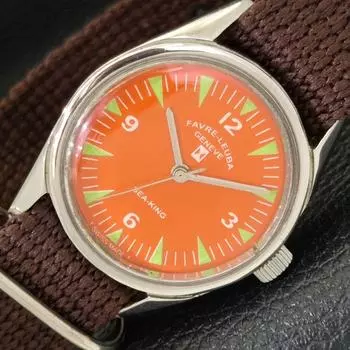 Б/У FAVRE LEUBA SEA KING ШВЕЙЦАРСКИЕ МУЖСКИЕ ЧАСЫ С РУЧНЫМ ЗАВОДОМ И ОРАНЖЕВЫМ ЦИФЕРБЛАТОМ A431417-2 R107-a431417