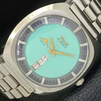 Б/У FUJI AUTOMATIC JAPAN MENS DAY&DATE @ 6 БИРЮЗОВО-СИНИЙ ЦИФЕРБЛАТ a432800-2 R113-a432800