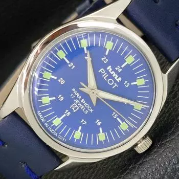 Б/у индийские мужские часы HMT PILOT с ручным заводом, с синим циферблатом a432512-2 R112-a432512