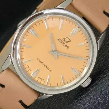 Б/у классические швейцарские мужские часы ENICAR STAR JEWELS с заводом и бежевым циферблатом a430107-2 R101-a430107