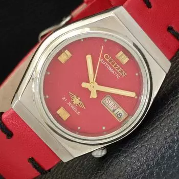 Б/у мужские часы CITIZEN AUTOMATIC 8200 JAPAN DAY&DATE с красным циферблатом a432811-2 R113-a432811