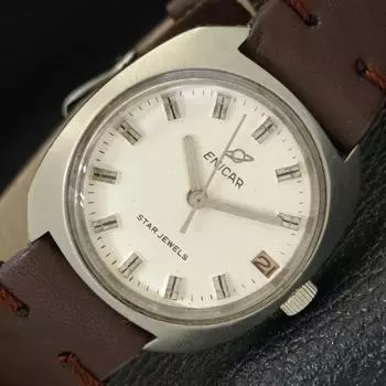 Б/у мужские часы ENICAR STAR JEWELS с заводом 161 швейцарские часы с датой и белым циферблатом a432171-2 R110-a432171