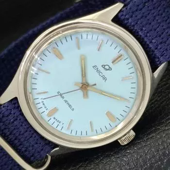 Б/у мужские швейцарские часы ENICAR STAR JEWELS с заводным механизмом, бирюзового цвета, с синим циферблатом a432165-2 R110-a432165