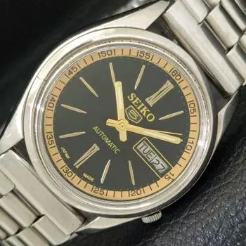 Б/у оригинальные старинные автоматические мужские часы SEIKO 5 из Японии с черным циферблатом a435058-2 R122-a435058