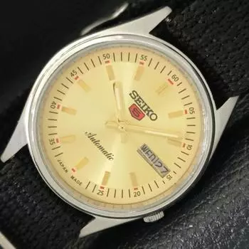 Б/У SEIKO 5 MENS DAY/DATE 7019A АВТОМАТИЧЕСКИЕ ЯПОНСКИЕ ЧАСЫ С ЗОЛОТЫМ ЦИФЕРБЛАТОМ a427858-2 R1054-a427858