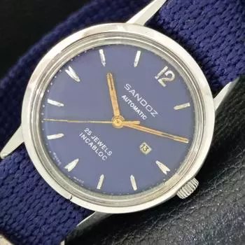 Б/у швейцарские часы Sandoz Automatic Duromat мужские с синим циферблатом и датой a432197-2 R110-a432197