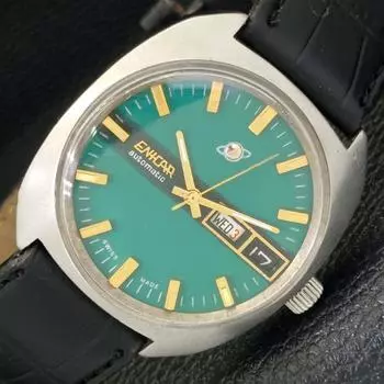 Б/у швейцарские мужские часы ENICAR AUTOMATIC 167 с зеленым циферблатом и функцией DAY&DATE a433048-2 R114-a433048