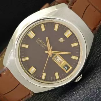 Б/у швейцарские мужские часы ENICAR AUTOMATIC 167 с коричневым циферблатом и функцией DAY&DATE a432173-2 R110-a432173