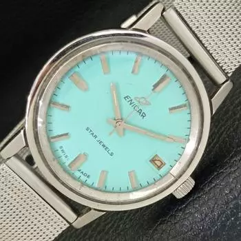 Б/у швейцарские мужские часы ENICAR STAR JEWELS с бирюзовым синим циферблатом a433027-2 R114-a433027