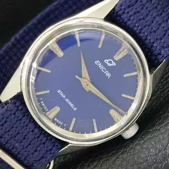 Б/у швейцарские мужские часы ENICAR STAR JEWELS с ручным заводом, с синим циферблатом a433025-2 R114-a433025