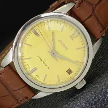 Б/у швейцарские мужские часы ENICAR STAR JEWELS с ручным заводом и желтым циферблатом a430111-2 R101-a430111