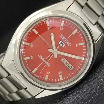 Б/У винтажные мужские часы SEIKO 5 AUTOMATIC JAPAN с красным циферблатом и указателем дня и даты a433462-2 R116-a433462