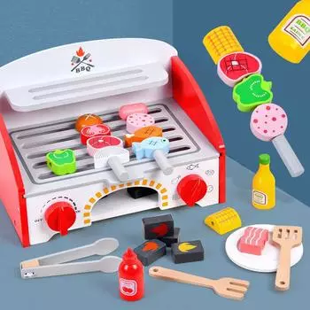 BABIBO Children s Wooden Simulation Barbecue Grill Barbecue Stall Play House Food String Music BBQ Suit Parent-child Interactive Toys серый