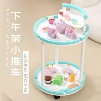 BABIBO Деревянная круглая тележка для выпечки/детский игровой домик для чая, закуски/игрушки для обеденной машины с двумя подносами синий/белый