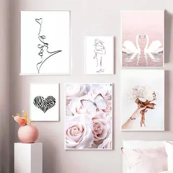 Бабочка, цветок, лебедь, линия, розовая роза, постеры на скандинавскую тему, художественная настенная живопись на холсте и принты, настенные панно для декора гостиной A4 21x30cm No Frame