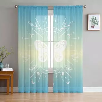 Бабочка Градиент Линия Лист Звезда Луна Вуаль Прозрачные Шторы Гостиная Окно Тюль Шторы Кухня Спальня Шторы Домашний Декор 135W x 114H(cm)