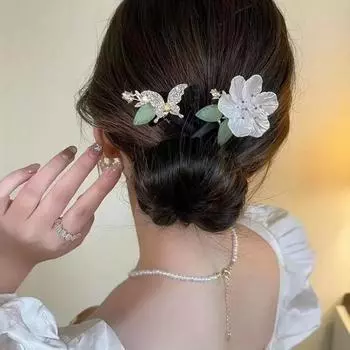 Бабочка Камелия в форме украшения для волос, создатель пучка для волос своими руками, элегантный искусственный жемчуг, стразы, декор, ленивые бигуди для волос, французский твист, прическа, пучок, аксессуары для волос 1PCS белый