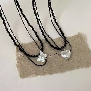 Бабочка Любовь Черный Бисер Двойной Слой Ожерелье Женский Нишевый Индивидуальность Изысканный Модный Темперамент Универсальный Цепочка на Ключицу Цепочка