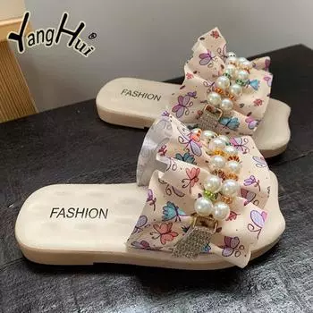Бабочка Принт Жемчужные Аксессуары Волан Плоские Туфли 2024 Новые Модные Нескользящие Квадратные Носки Повседневные Женские Тапочки Лето 24-25 абрикосовый