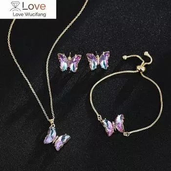 Бабочка стеклянный материал романтические украшения браслет ожерелье серьги комплект для женщин свадебный ужин платье аксессуары