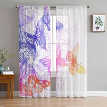 Бабочки и цветы, расписанные акварелью, прозрачные тюлевые шторы для гостиной, кухни, украшения, вуаль, шторы из органзы 135W x 114H(cm)