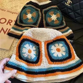 Бабушкина сетчатая вязаная шапка женская осенне-зимняя вязаная крючком шерстяная шапка-ведро с изображением лица M56-58cm