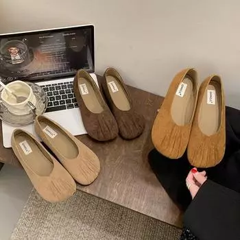 Бабушкины туфли женские туфли на плоской подошве 2025 новая корейская версия универсальные четырехсезонные плиссированные туфли с неглубоким горлом одинарные туфли для беременных женщин обувь Doudou 35 жёлтый