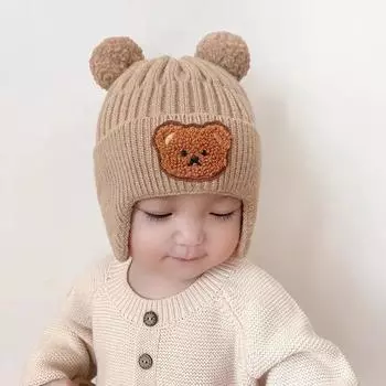 Baby bear hat winter thickened warm wool hat cute knitted baby ear hat infant children autumn and winter