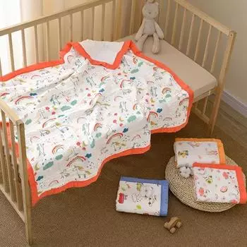 Baby Blanket Cotton 6 Layers Thicken Soft Newborn Muslin Swaddle Blankets Summer Cartoon High-density Breathable infant Blanket 110x110cm зелёный